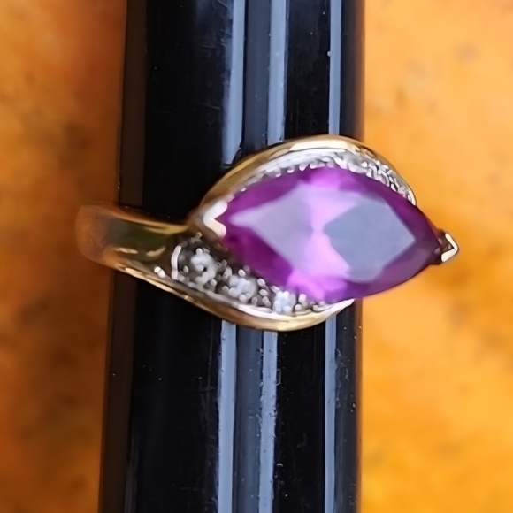 Sterling Silver Jewelry - Sterling Silver Gold Vermeil Purple Stone and Diamond Accent Stones Sz 5 Pinky